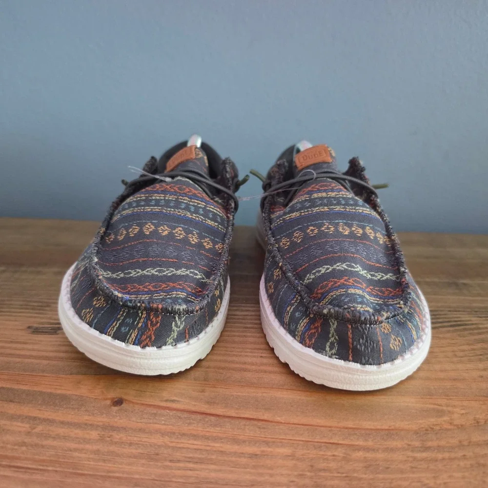 Hey Dude Kids Wally Funk Loafers Grey Tribal Pattern Canvas Slip On Shoes Size 4